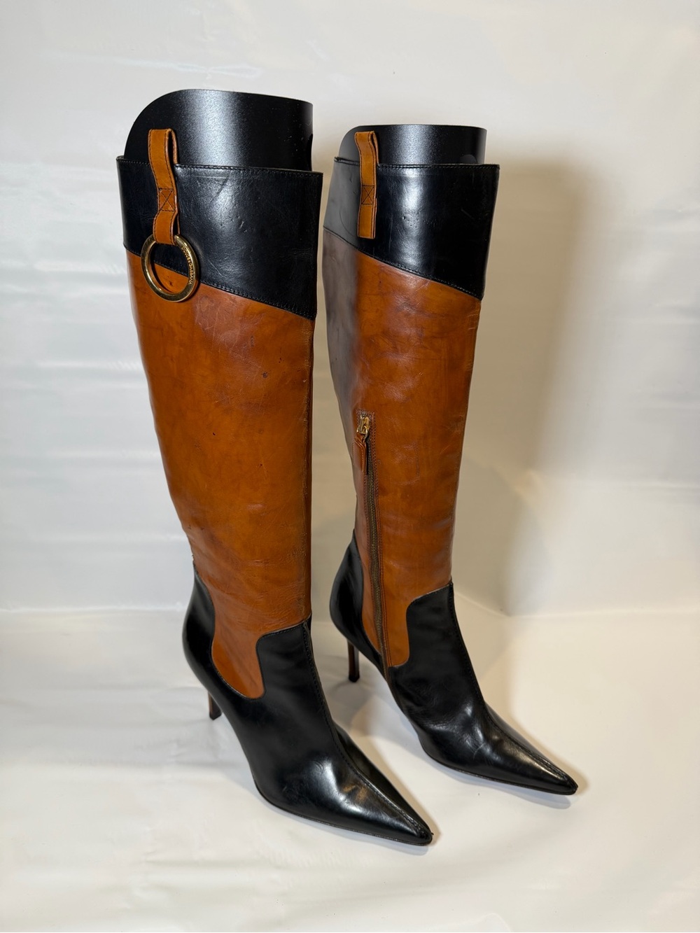 Vintage Dolce & Gabbana Black & Tan Leather Pointed Toe Knee High Boots IT 36 6